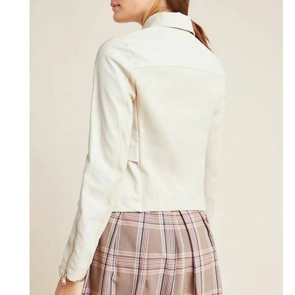 Anthropologie Anorak Jacket Crop Womens Extra Large Ivory Faux Leather Back Knit - Picture 10 of 11